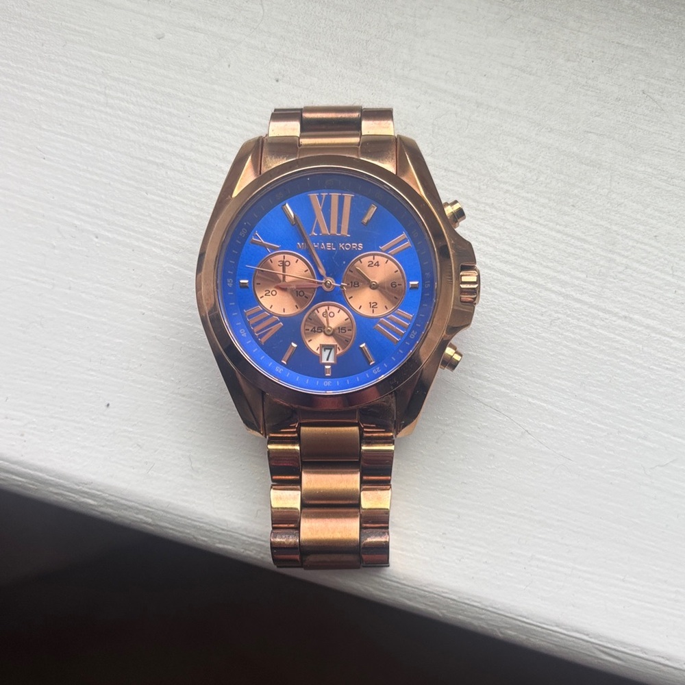 Michael Kors Rose Gold and Blue Chronograph Watch
